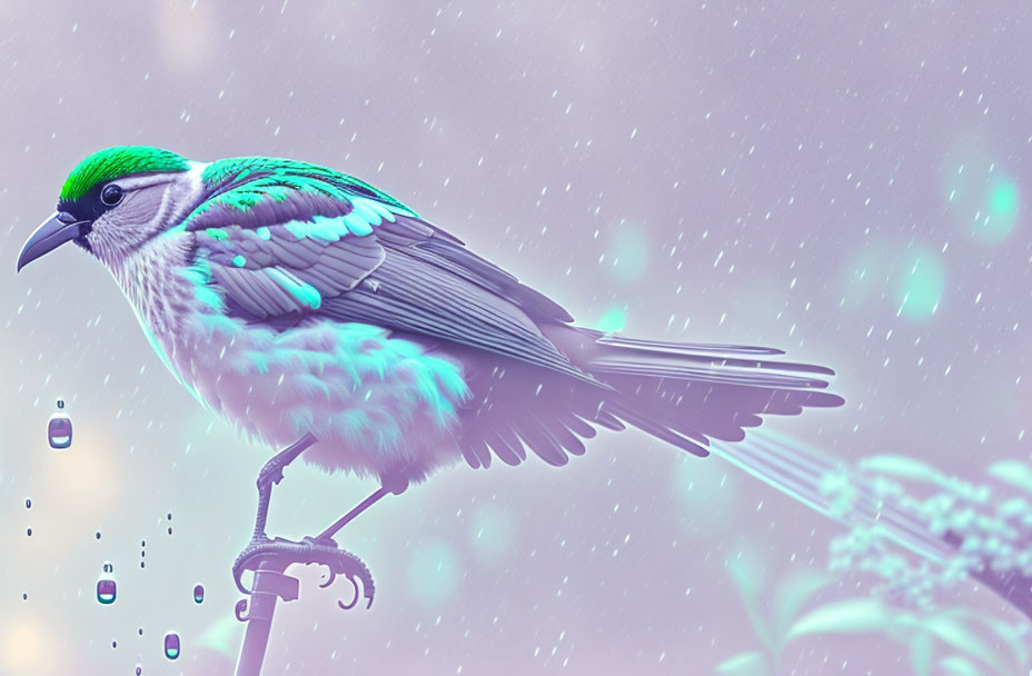 Digitally altered bird with vibrant turquoise and green plumage on branch against soft purple backdrop.