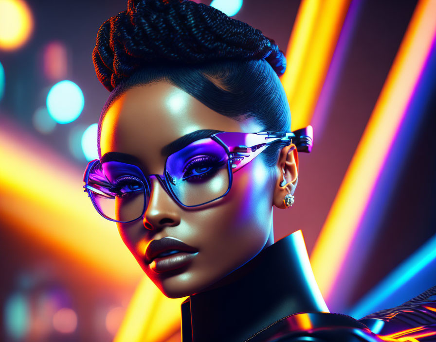 Futuristic digital art: Woman with slicked-back hair and neon-lit cyberpunk background