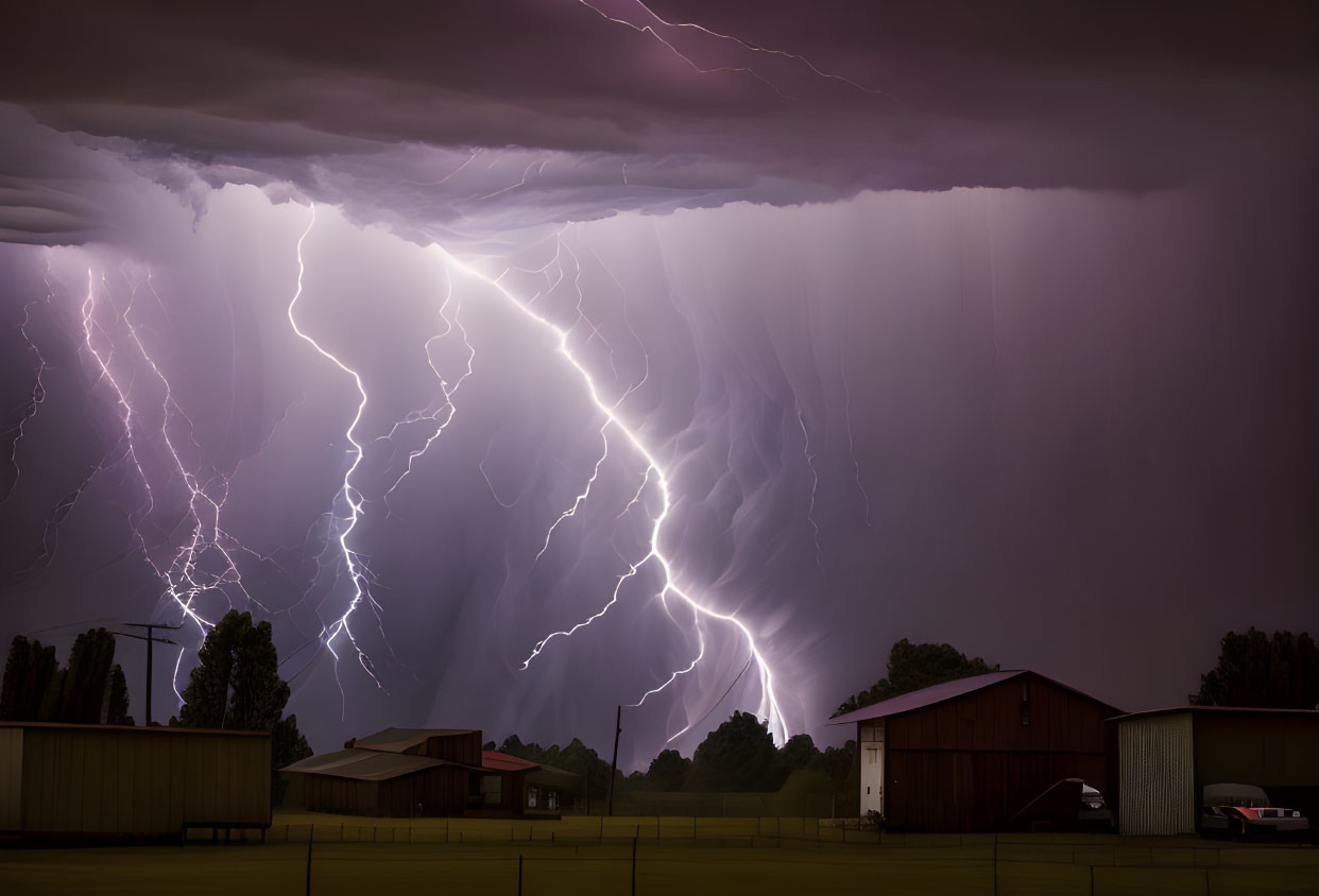 Dramatic thunderstorm with multiple lightning strikes above rural buildings