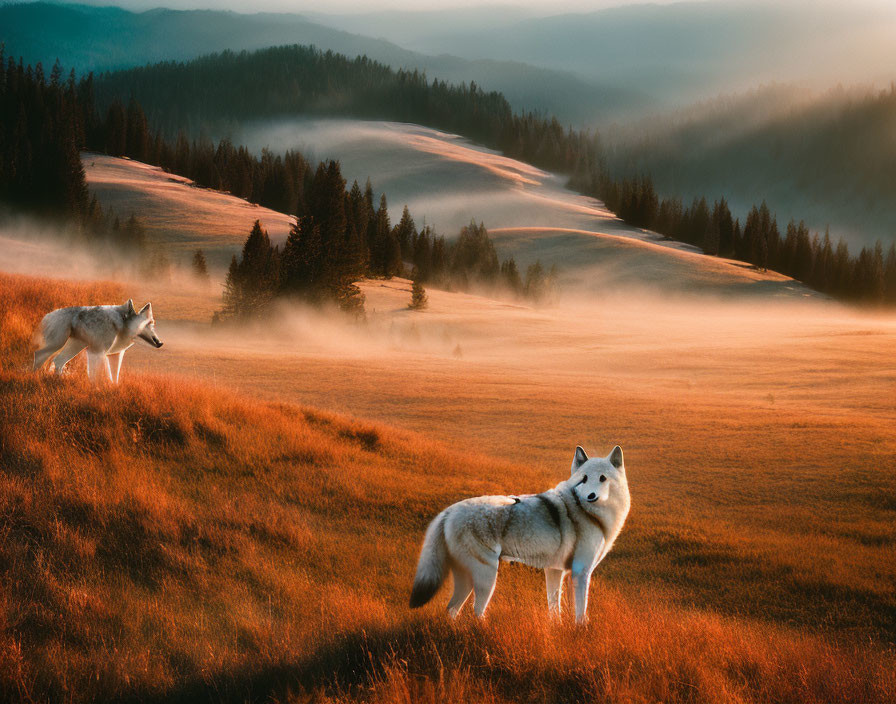 Misty Sunrise Landscape with Two Wolves