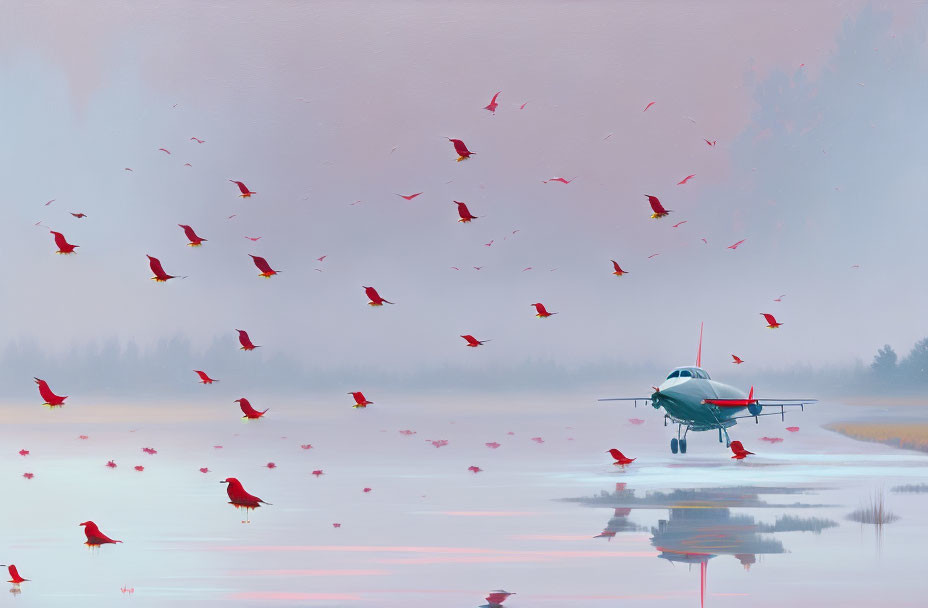 Tranquil landscape with airplane, red birds, and reflective water