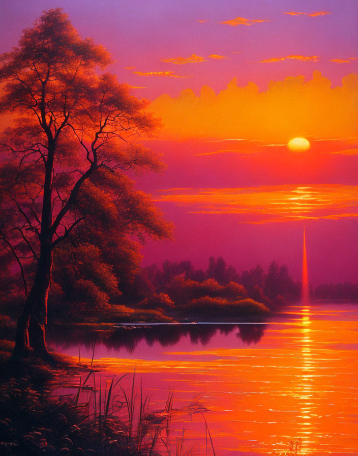 Tranquil lake at sunset with purple and orange hues reflecting on water