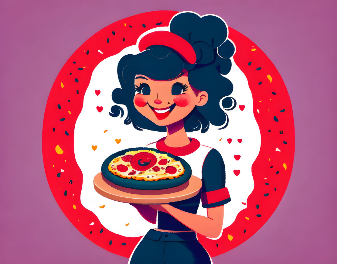 Smiling woman with chef's hat holding heart-shaped pizza in cartoon style