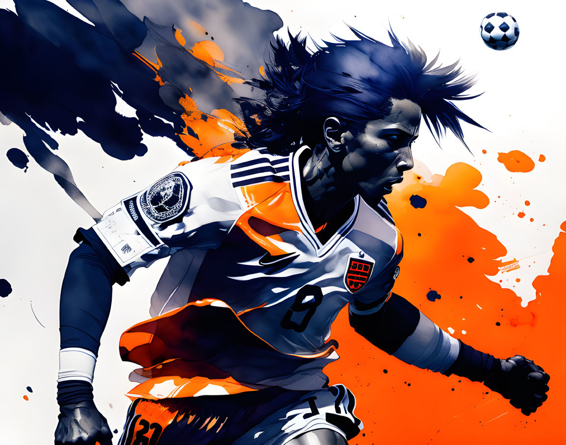 Vibrant digital artwork: Female soccer player in motion with orange and blue backdrop