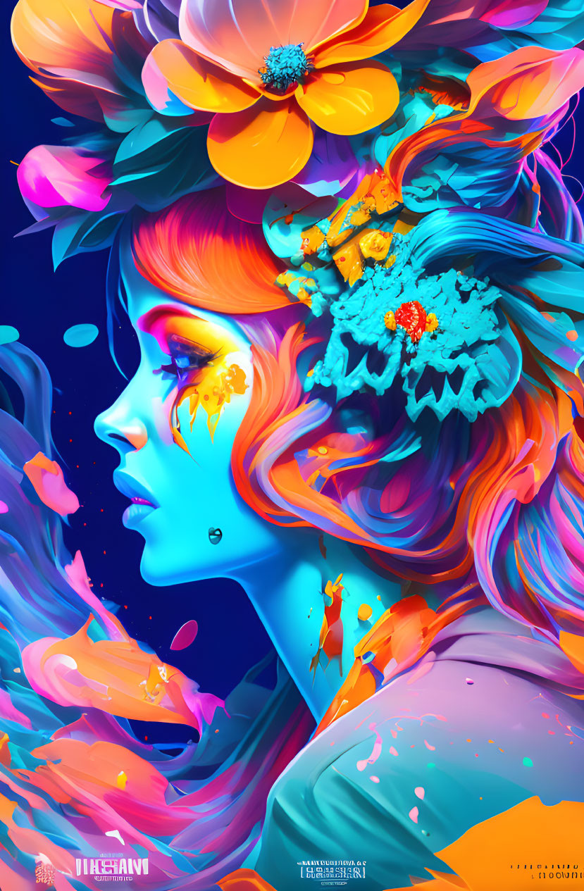 Colorful digital portrait of a woman with floral hair and surreal elements.