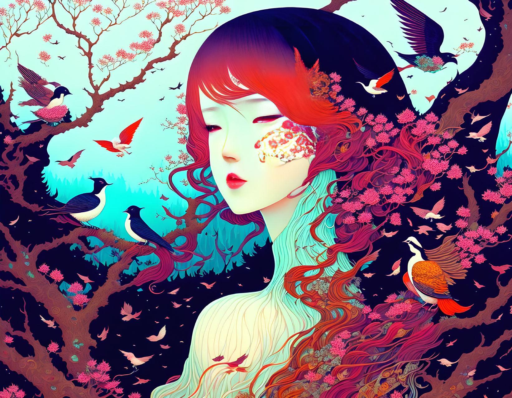 Red-haired woman with floral face pattern, birds, and cherry blossoms on cyan background