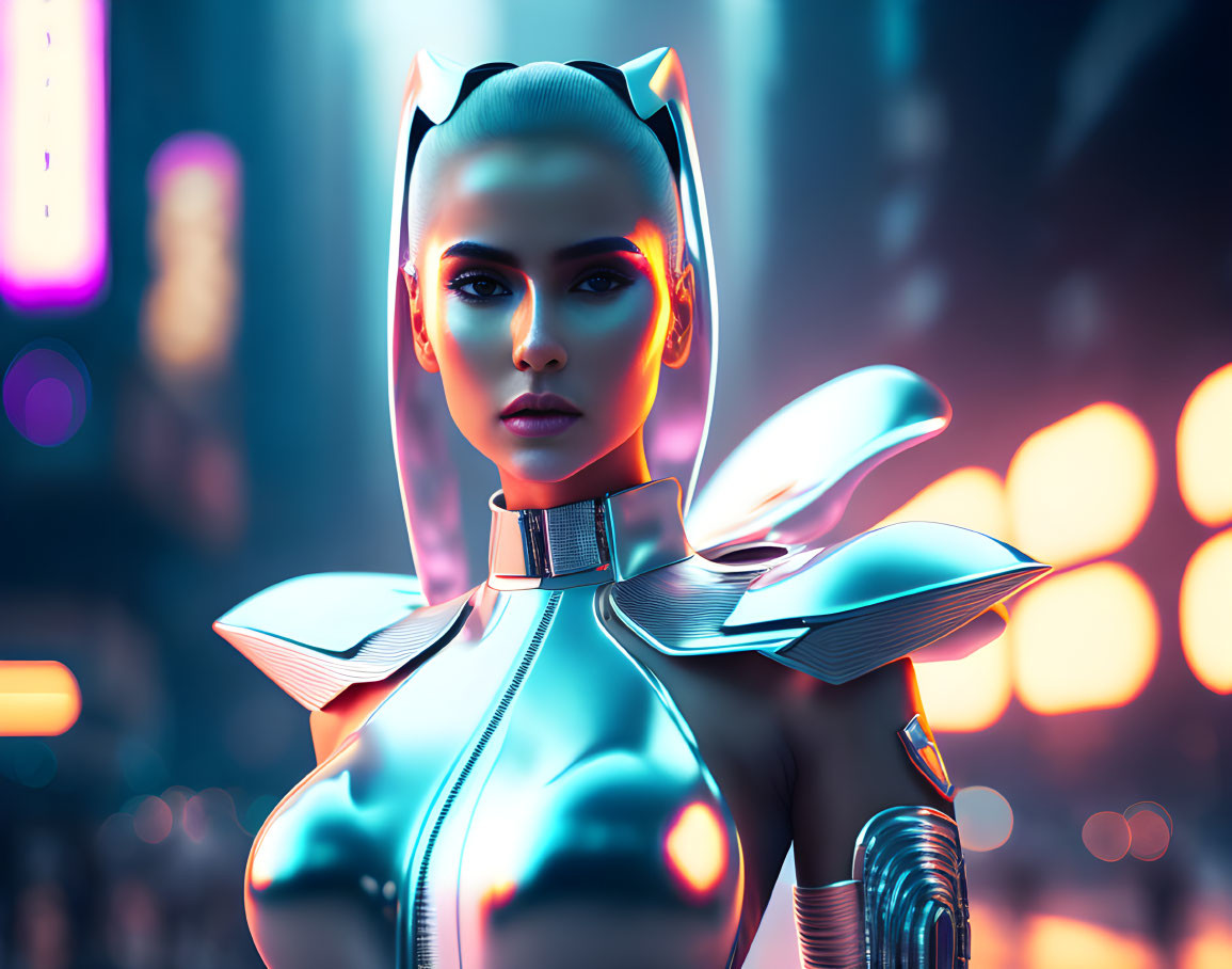 Futuristic female figure in shiny armor with cat-like ear adornments.