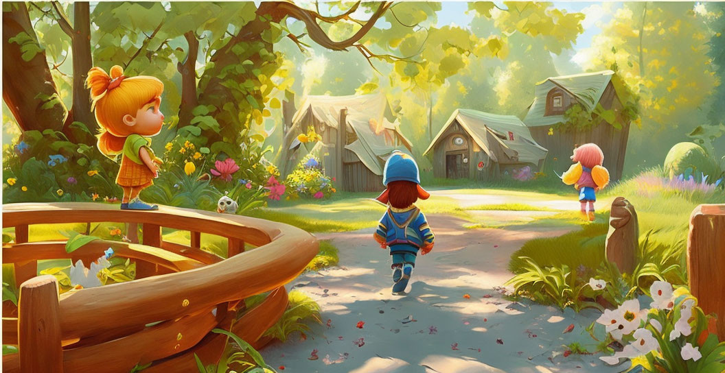 Vibrant forest clearing with three animated children