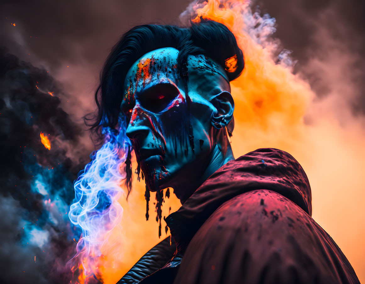 Skull-faced person in blue and orange smoke on dark background