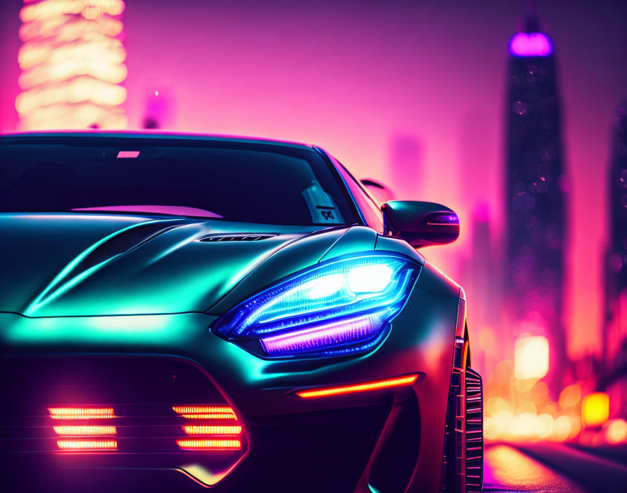 Sleek Sports Car Night Scene with Neon City Lights