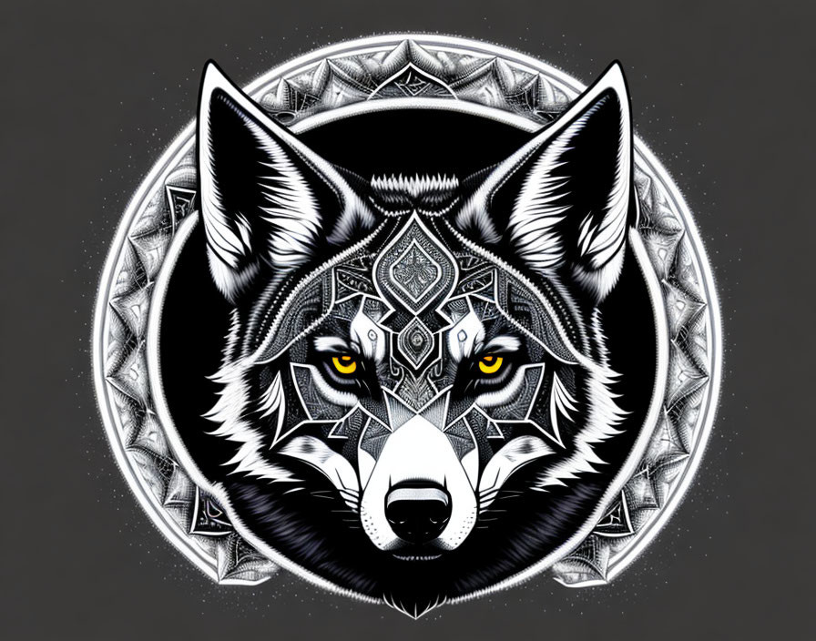 Detailed Wolf Face Graphic with Geometric Tribal Patterns