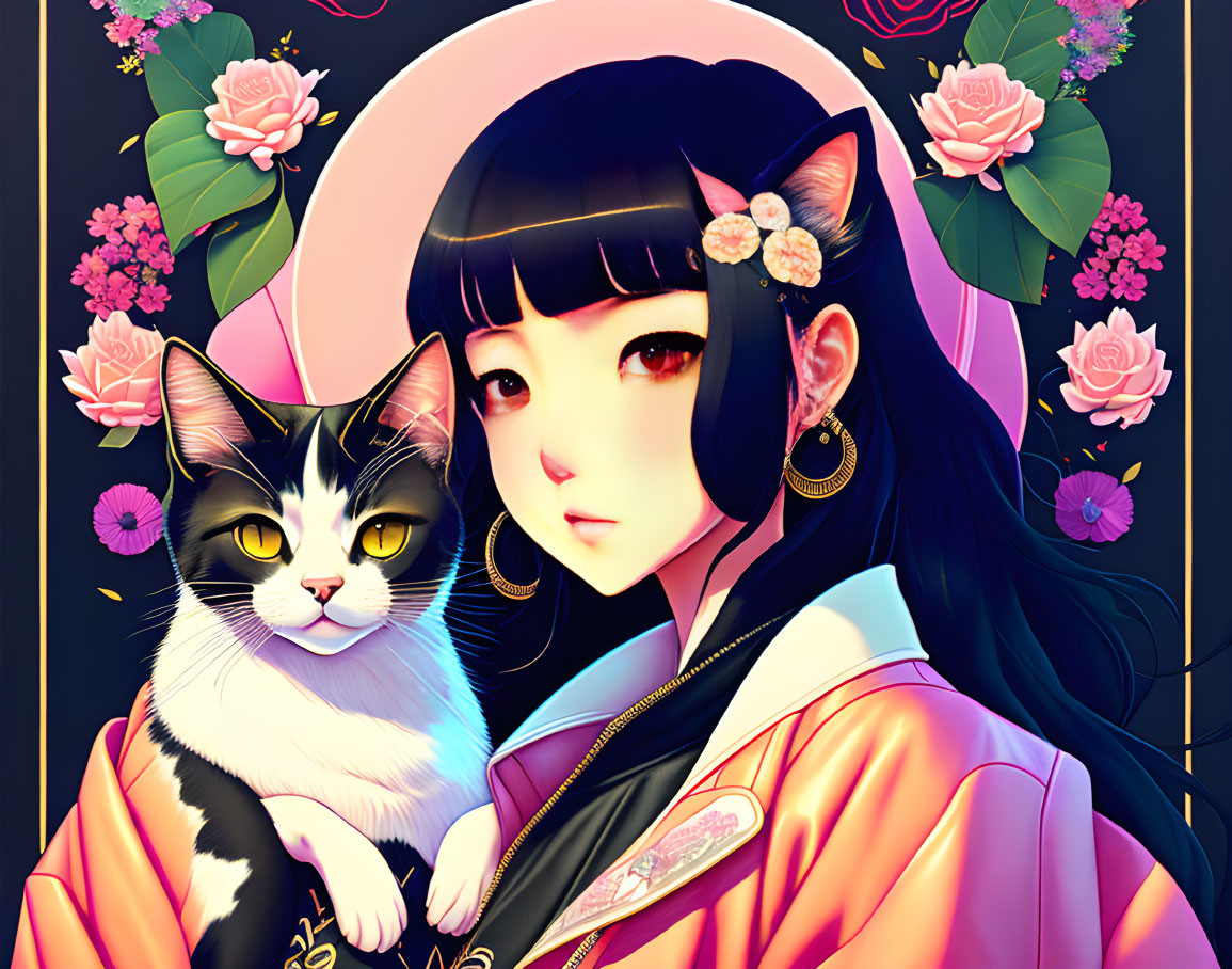 Traditional Outfit Girl with Black Hair and Tuxedo Cat Illustration