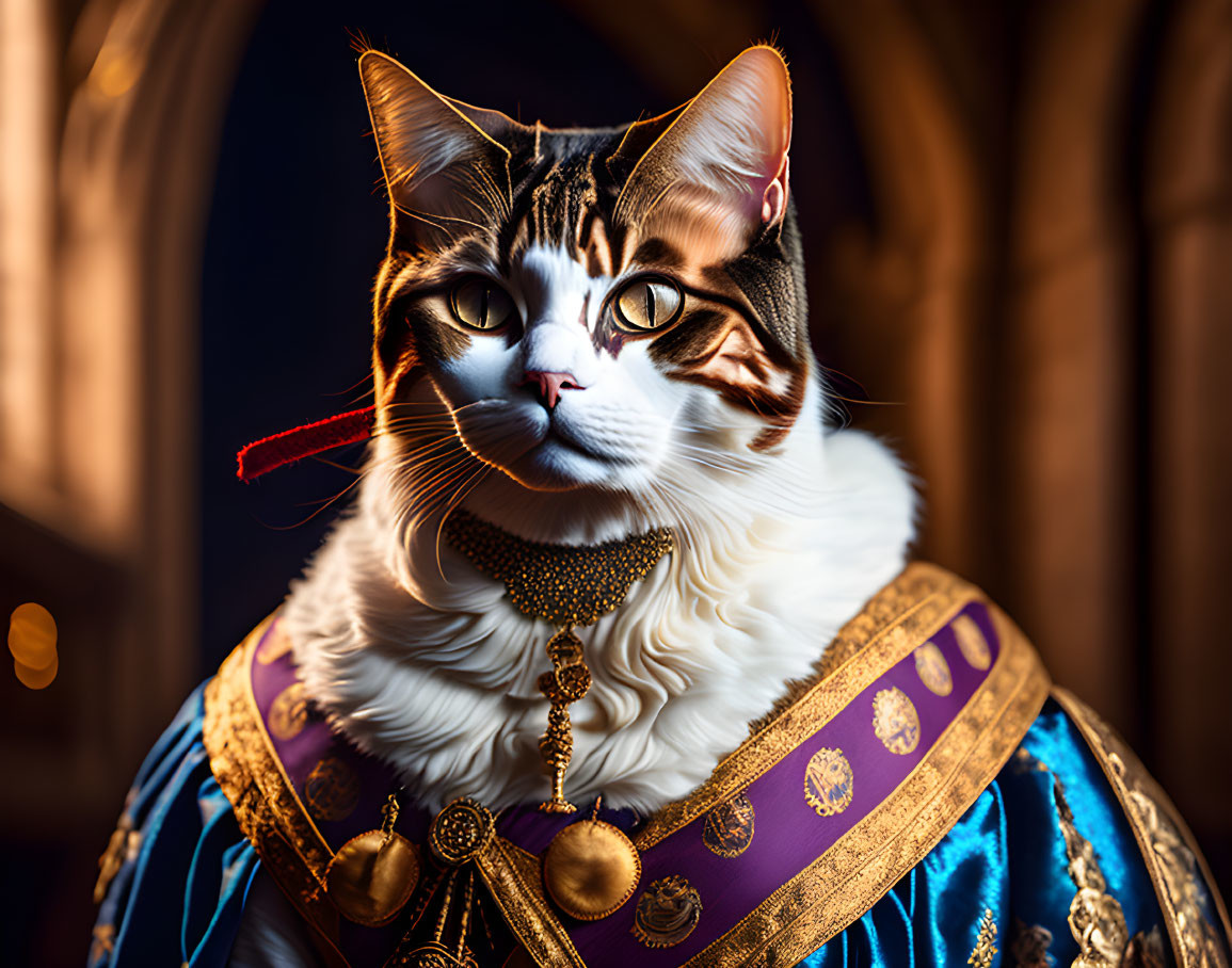 Regal Cat in Golden Costume and Royal Mantle in Luxurious Setting