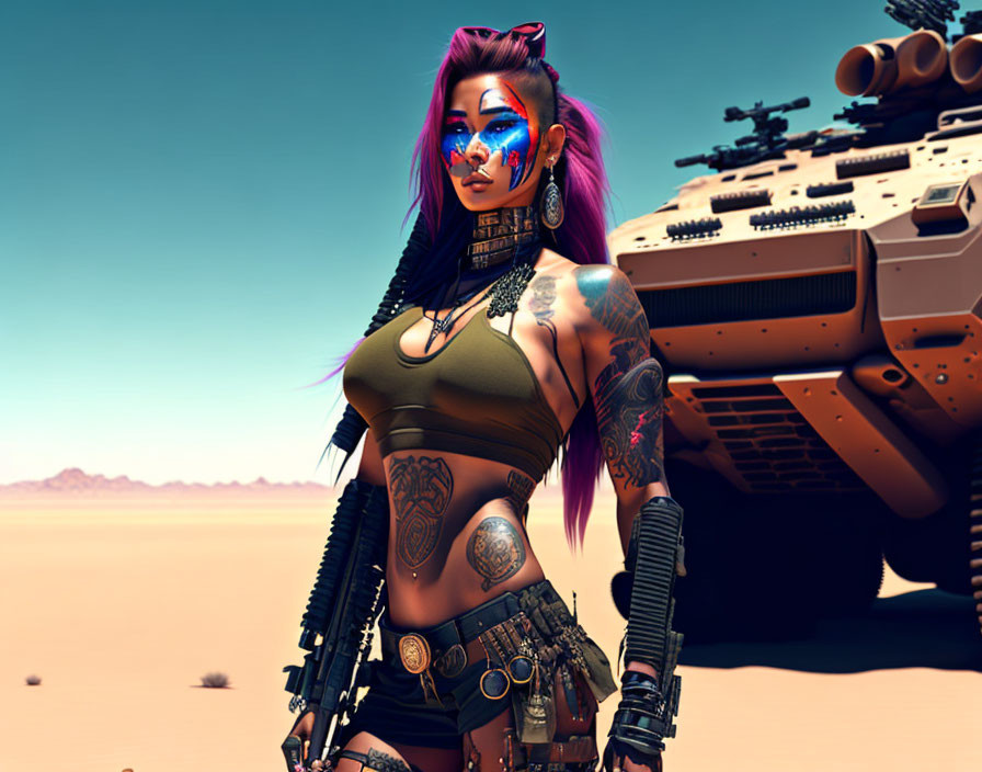 Pink-haired female character with tattoos in desert with futuristic tank