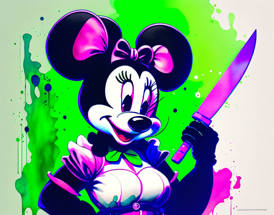 Stylized Minnie Mouse with kitchen knife and colorful splatters