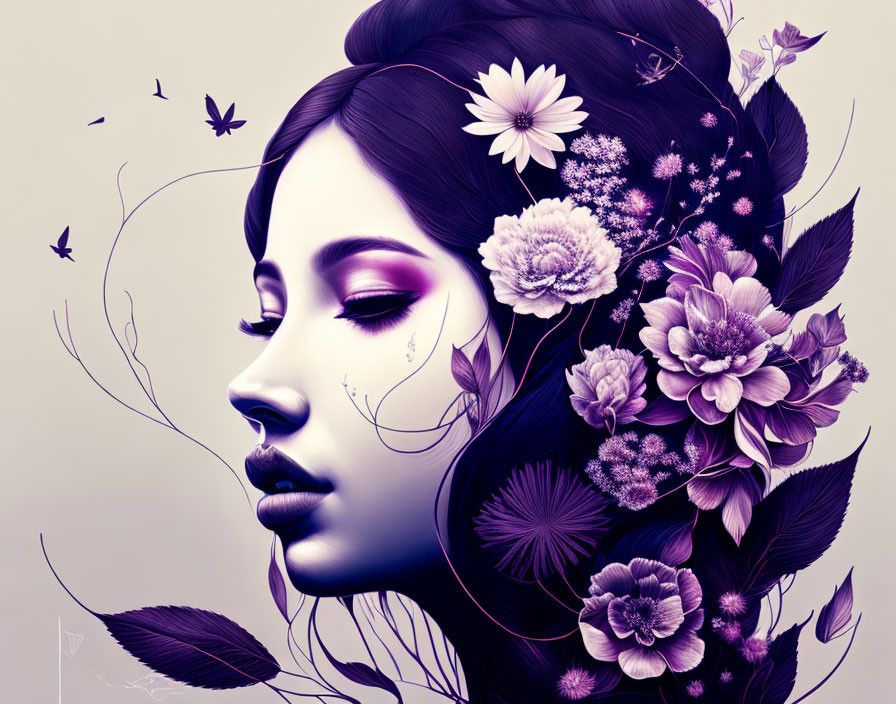 Profile of woman with dark hair, purple flowers, white flowers, purple eye, and butterflies.