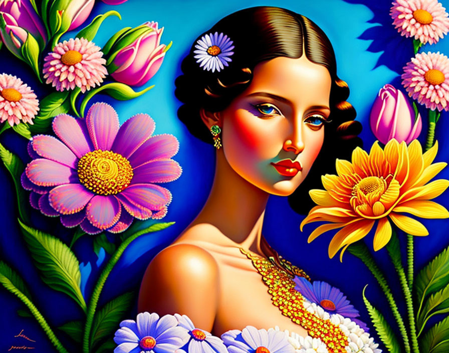 Vibrant Woman Surrounded by Colorful Flowers Artwork