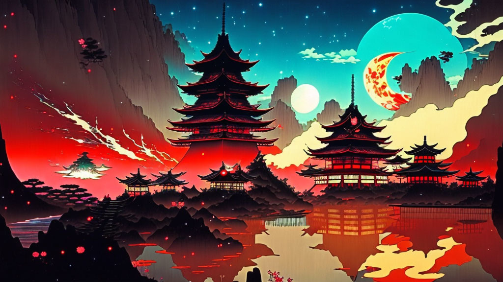 Stylized image of Asian pagodas in crimson mountains under a large moon