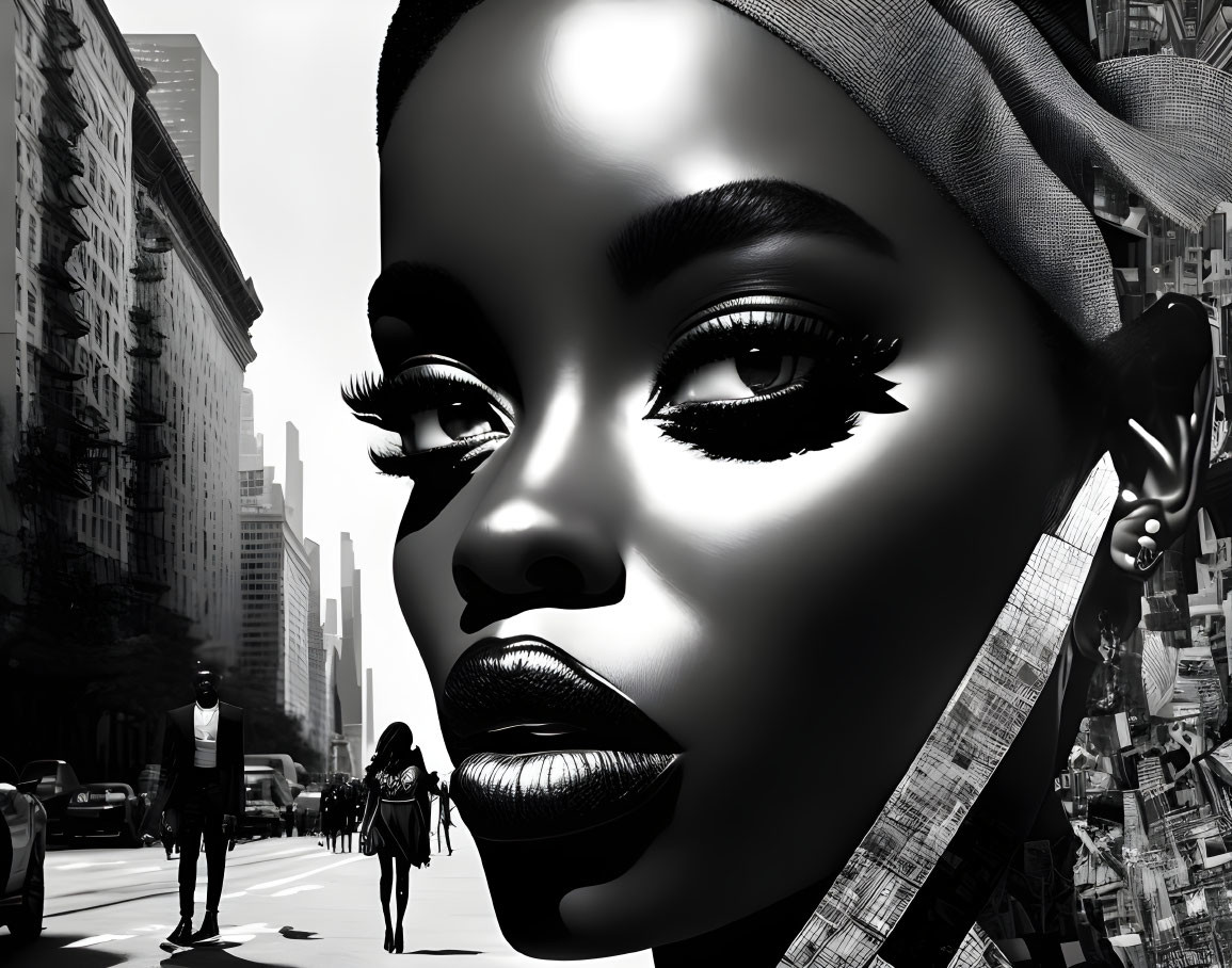 Monochrome portrait of woman's face on urban street background