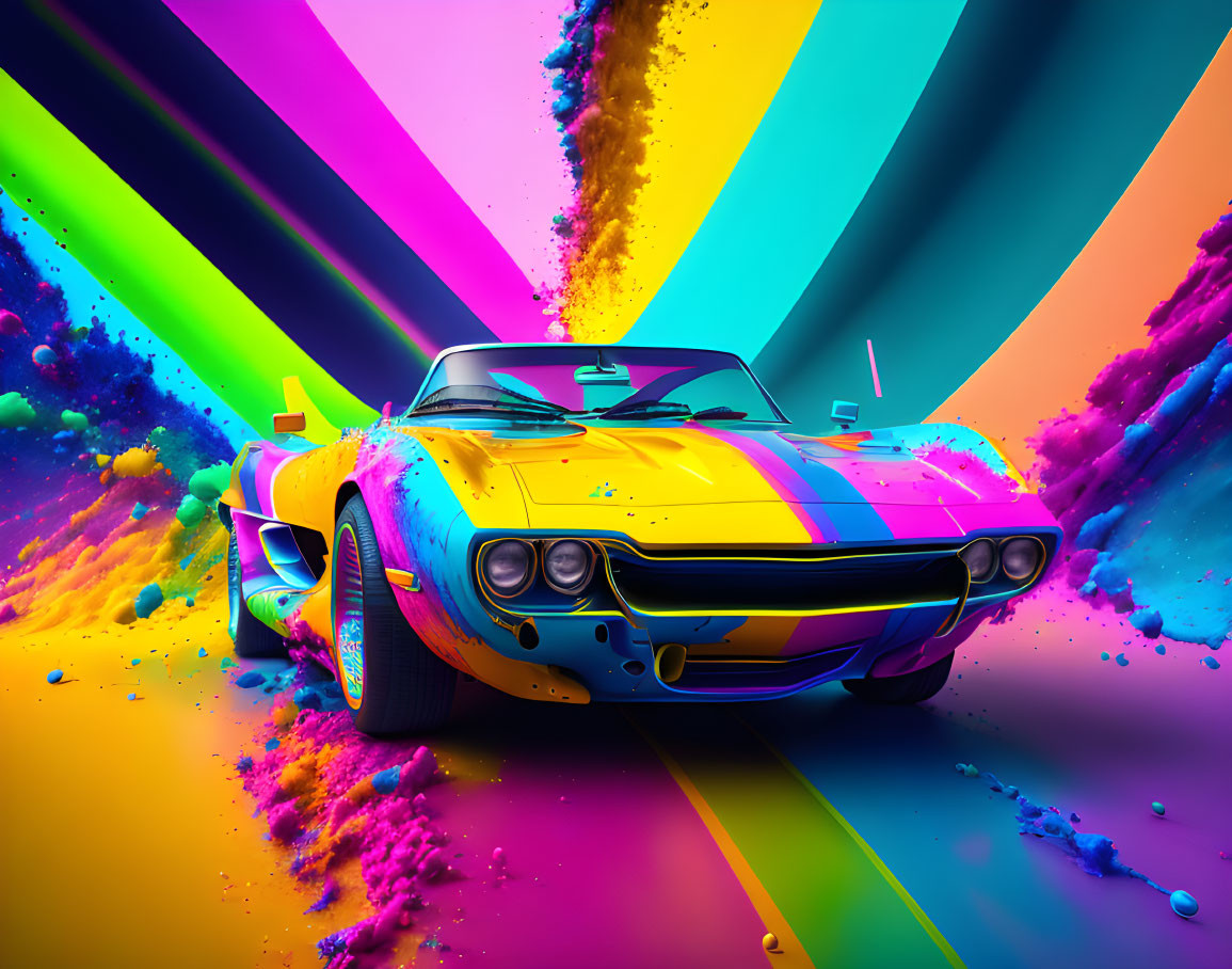 Colorful Psychedelic Classic Car Art with Paint Splash Effect