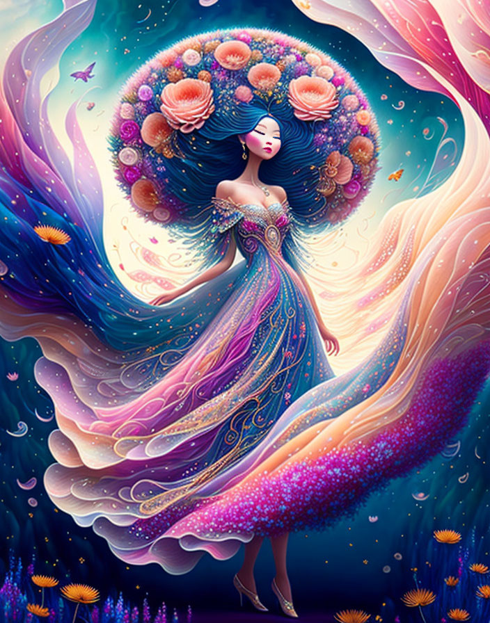 Colorful illustration of woman with floral hair and underwater creatures