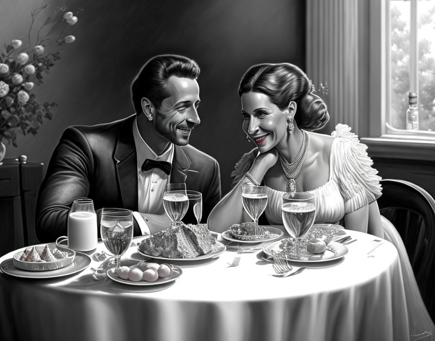 Stylish couple in monochromatic setting enjoying romantic dinner and wine