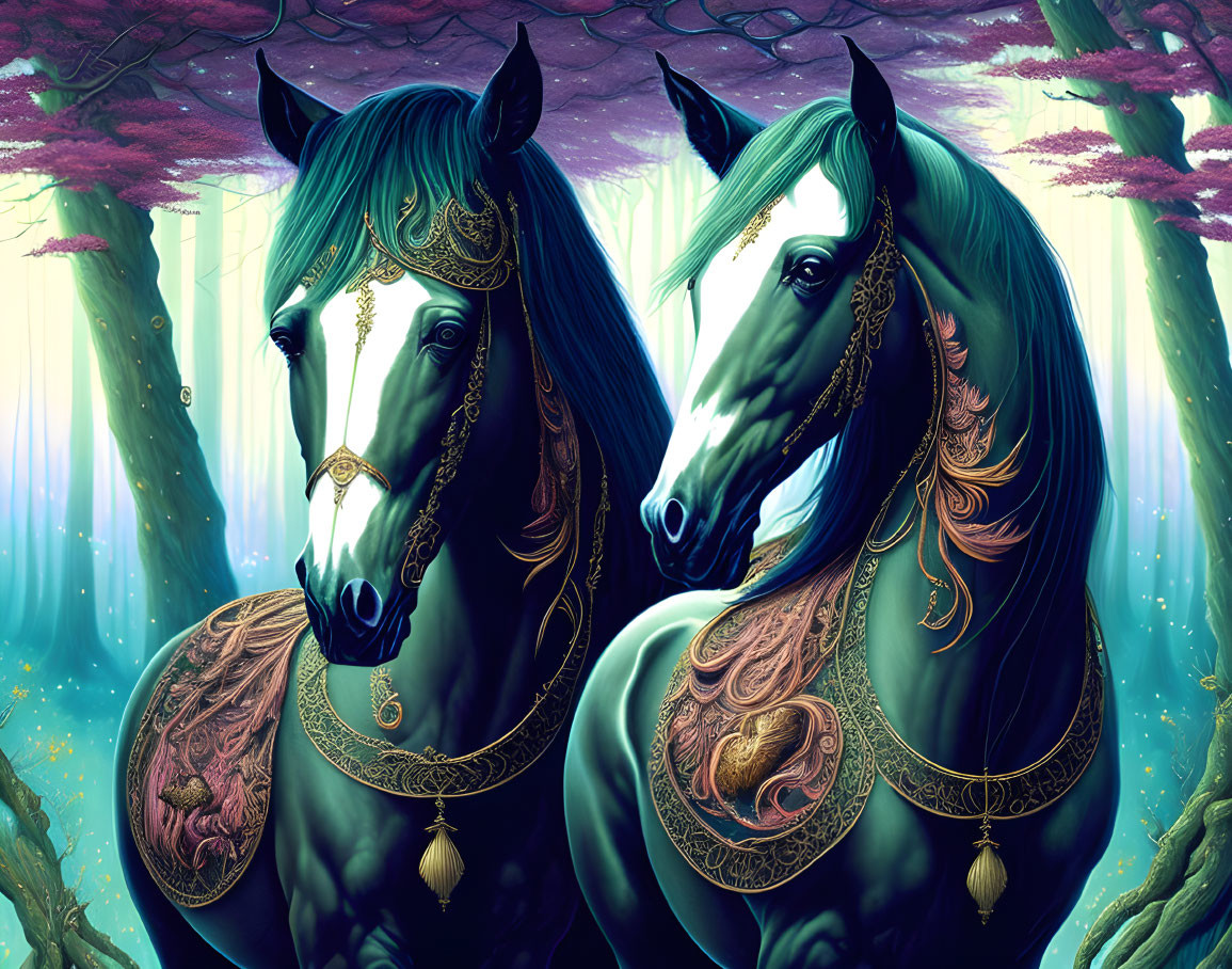 Ornate horses with golden adornments in mystical forest