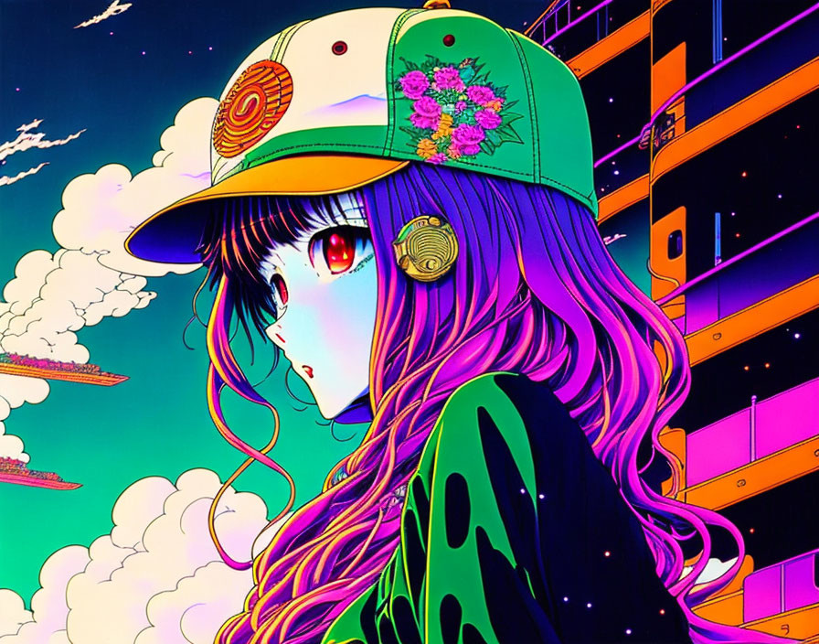 Anime-style illustration of girl with red eyes and green cap in neon cityscape.