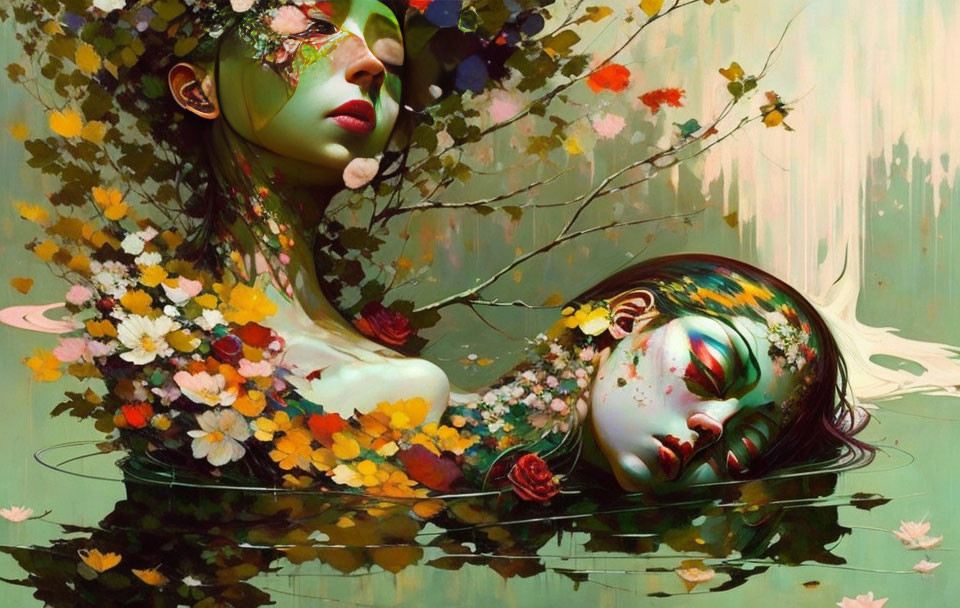 Surreal artwork of two women's faces in water surrounded by vibrant flora