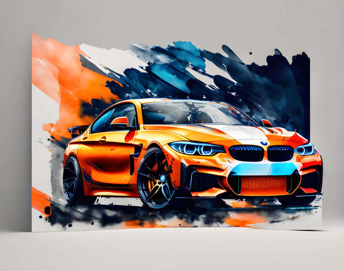 Vibrant orange and blue BMW car art on abstract watercolor background