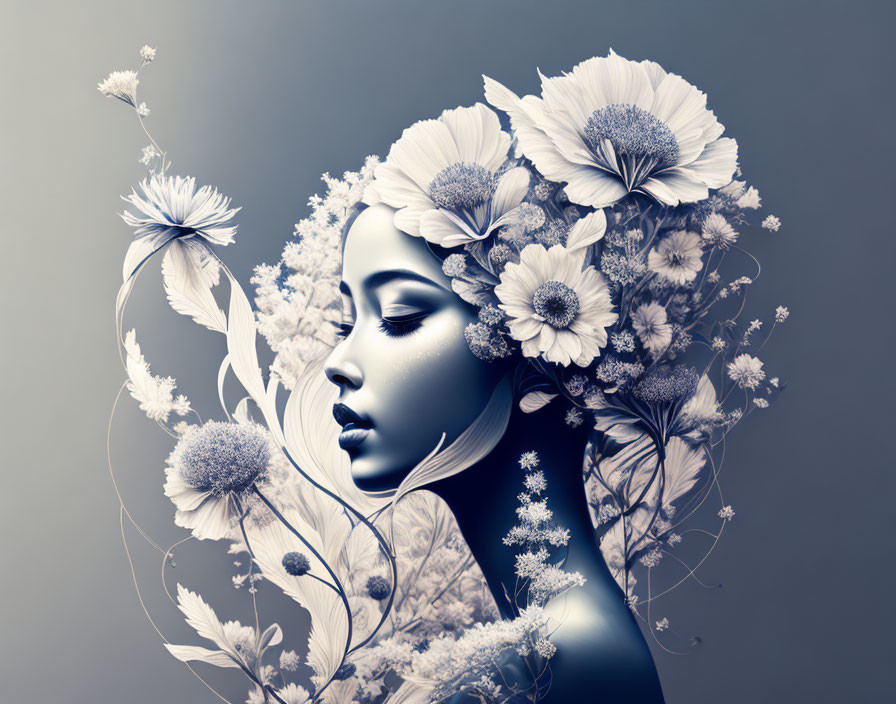 Monochromatic digital artwork: woman with floral hair blending in background