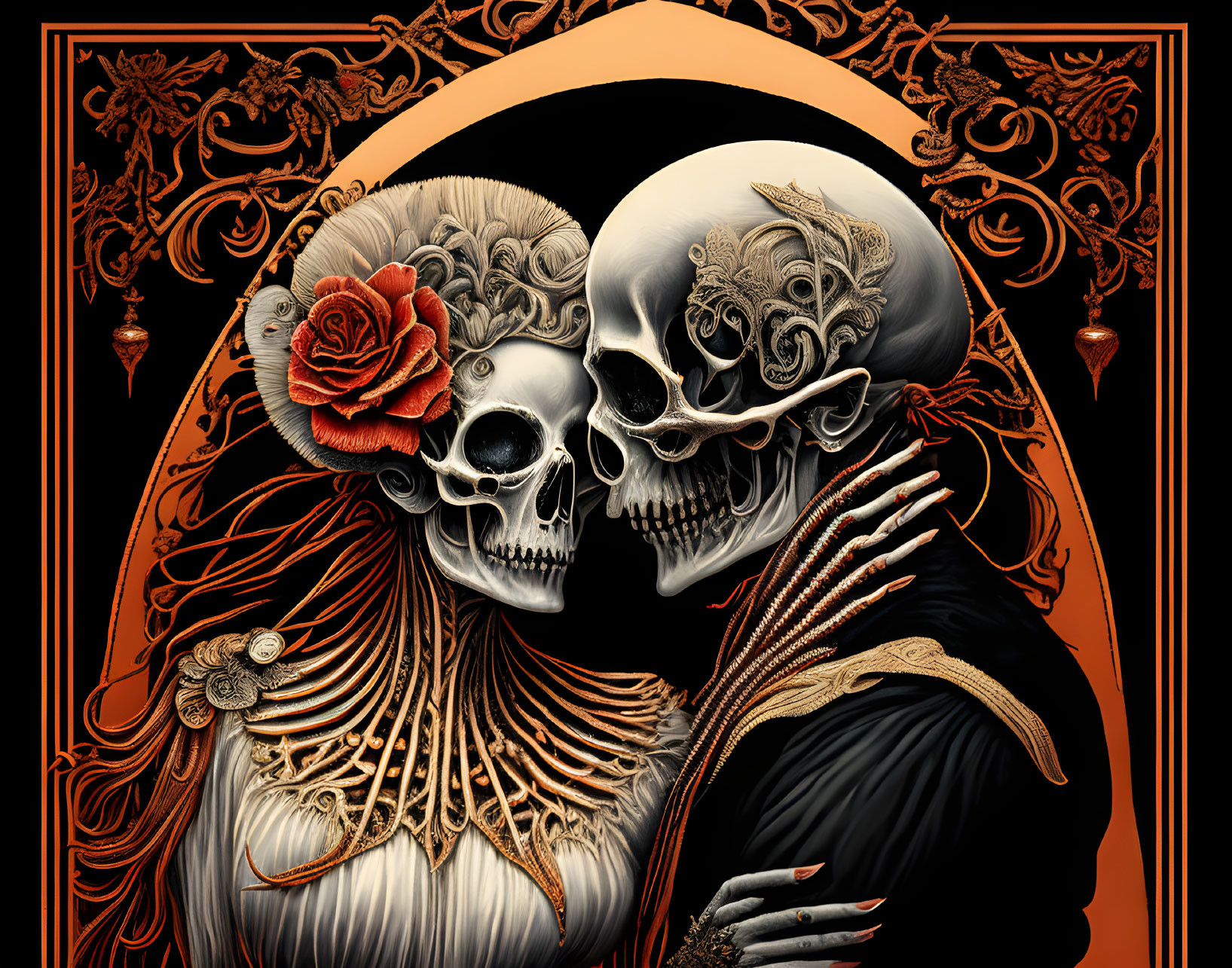 Detailed ornate skull art with red rose on intricate black and gold backdrop