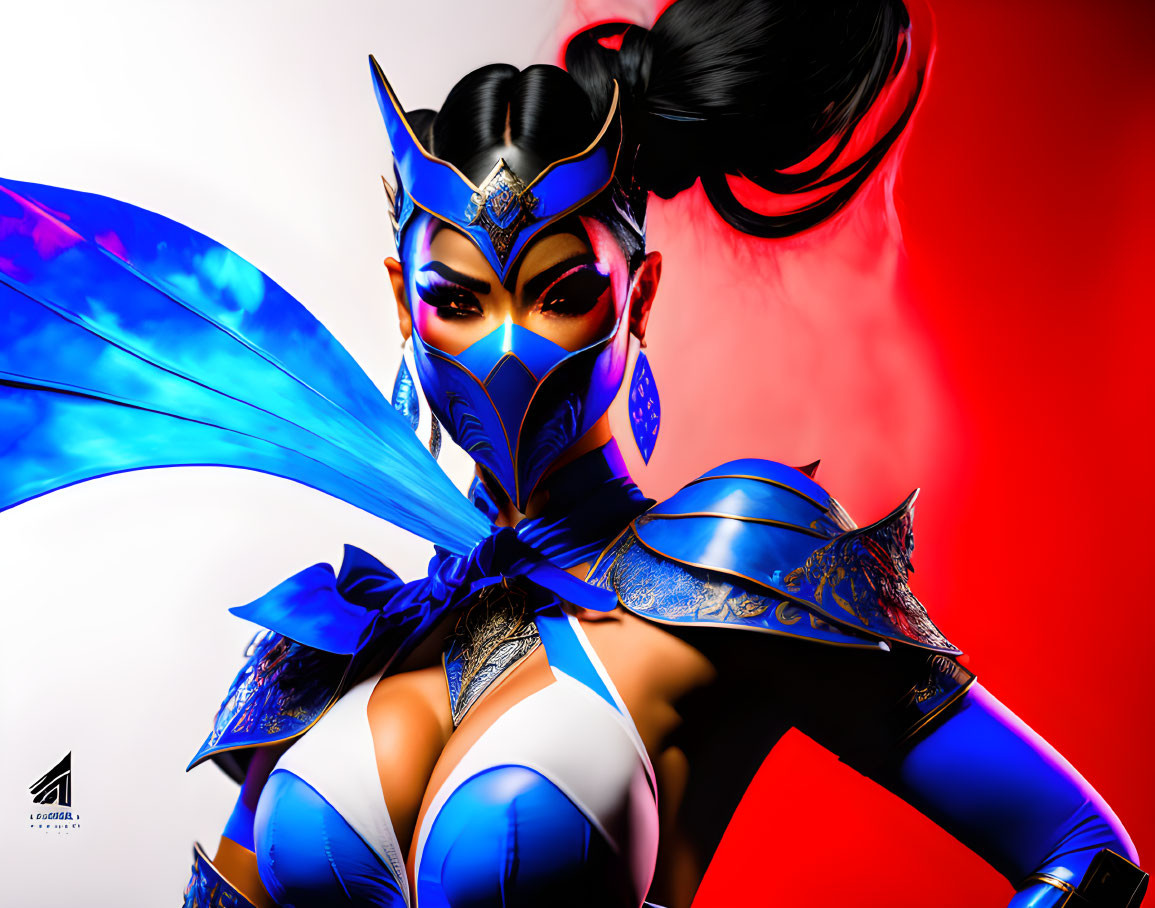 Female character in blue and gold armor with mask on red and white background