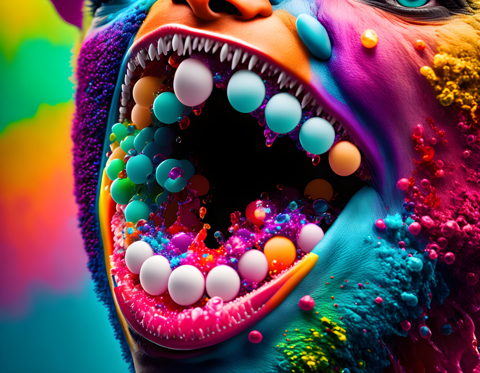 Colorful digital portrait with textured face and flowing spheres