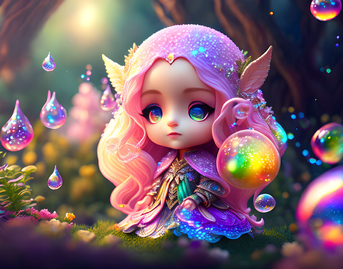 Fantasy elf digital art: Colorful, expressive eyes in enchanted forest.