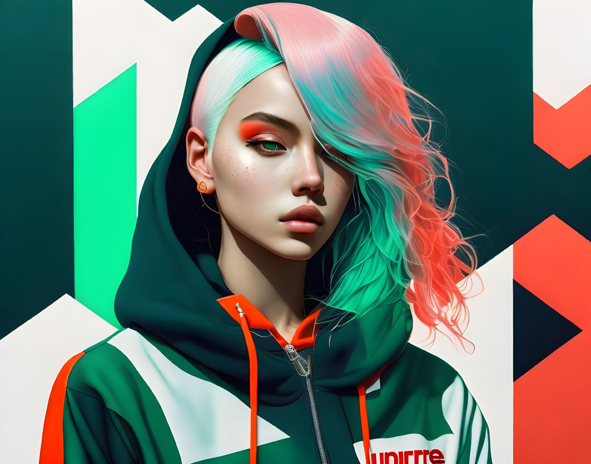 Portrait of person with pastel pink and aqua hair in hooded jacket over geometric background