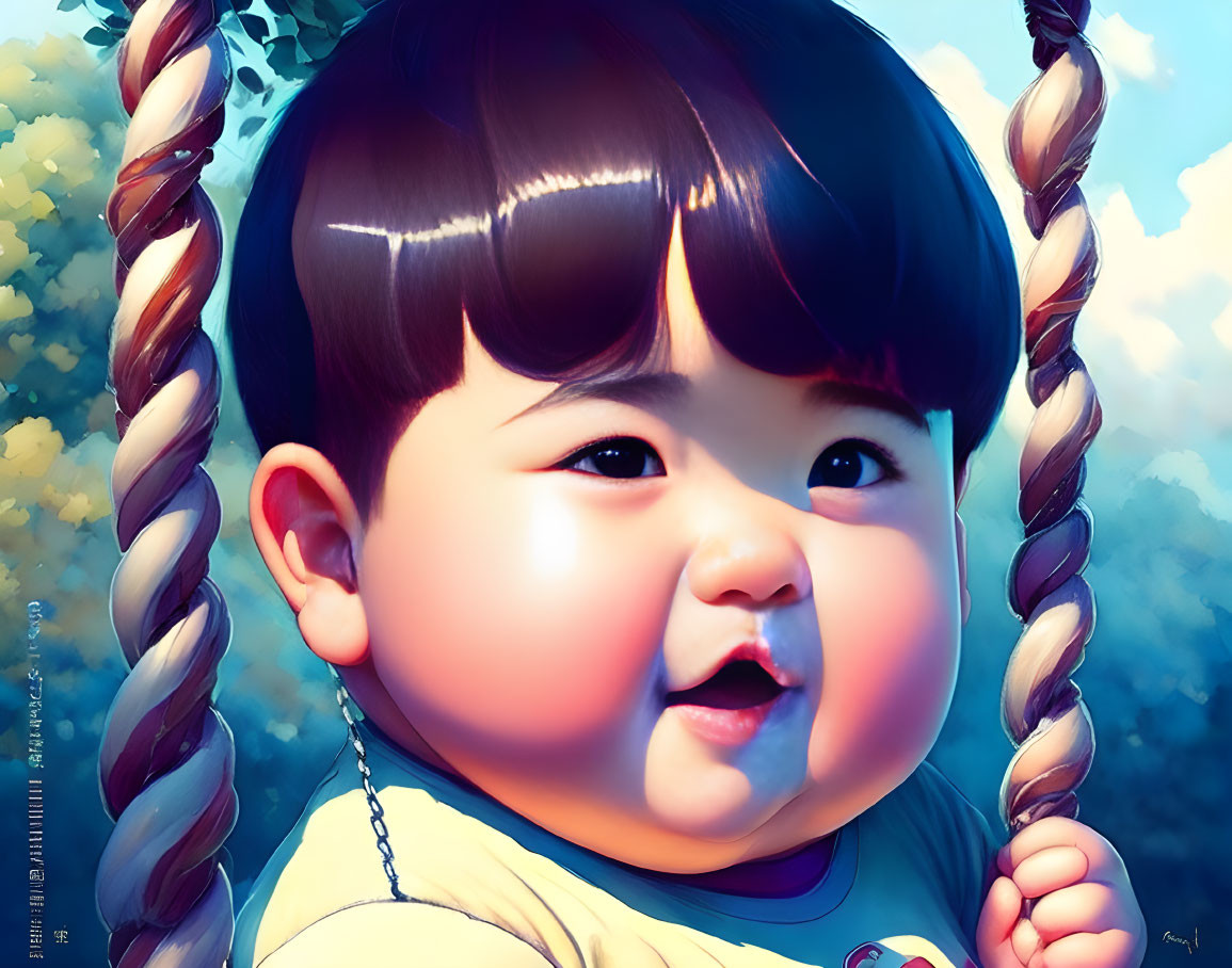 Digital painting of a joyful toddler with chubby cheeks and big brown eyes