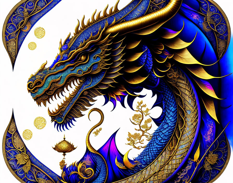 Detailed Blue and Gold Dragon Illustration with Coins and Floral Motifs