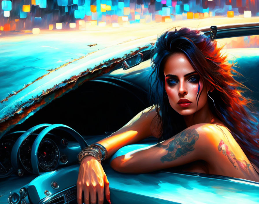 Woman with vibrant makeup and tattoos in classic car against urban nightscape.