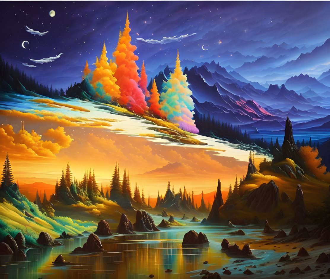 Colorful Twilight Landscape with River, Mountains, and Crescent Moons