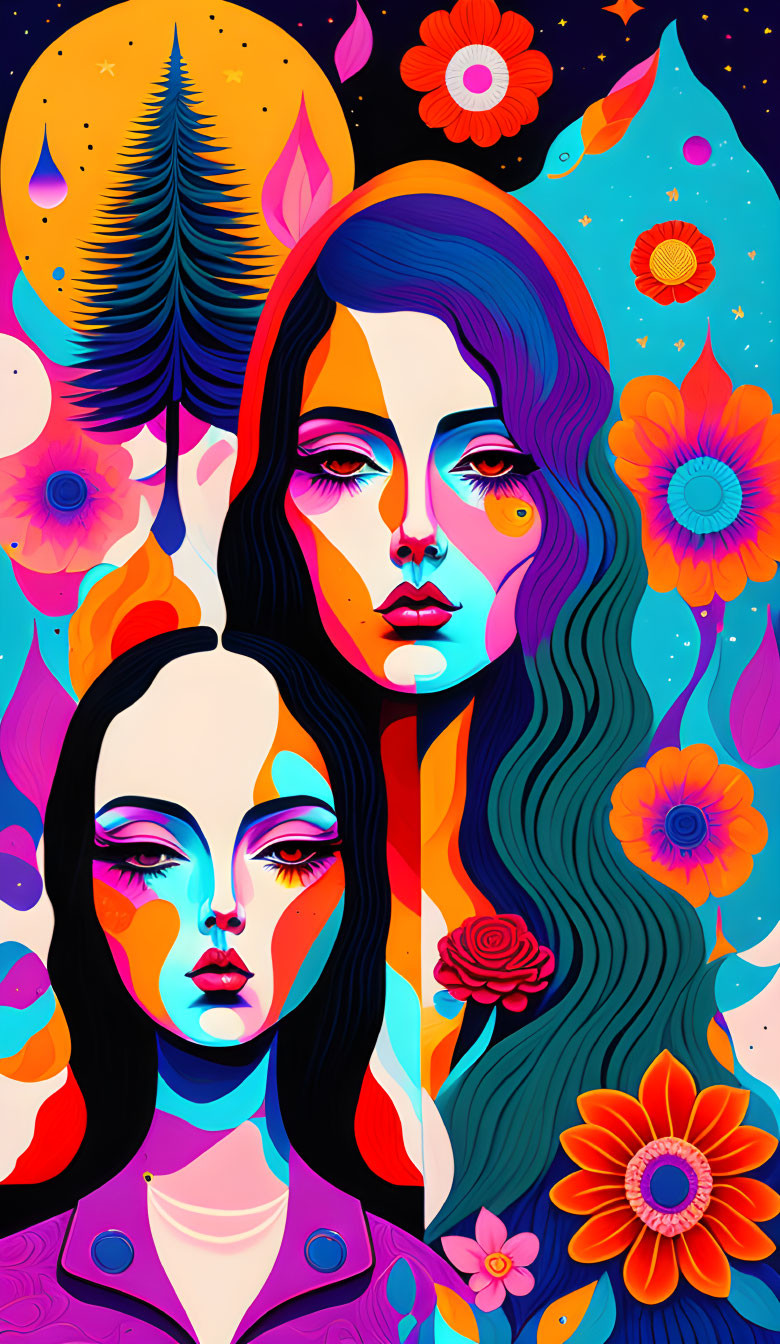 Colorful Digital Artwork: Two Female Faces, Tree, Celestial and Floral Motifs