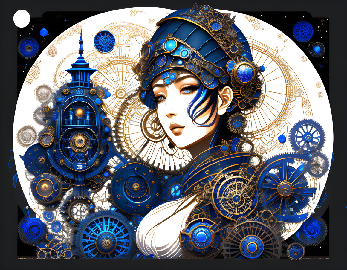 Steampunk-inspired artwork of woman with mechanical accessories in blue, gold, and black palette