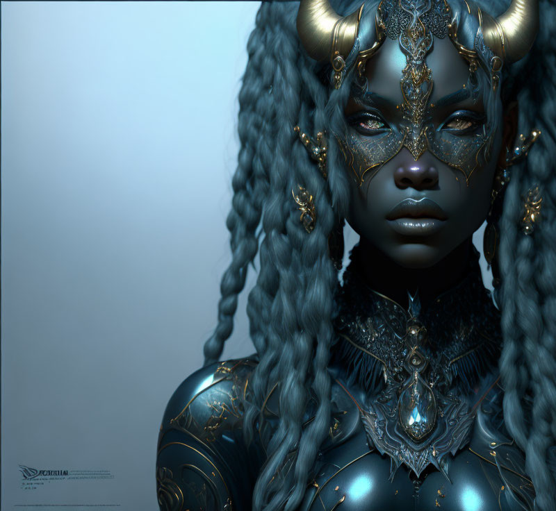Blue-skinned fantasy character with golden facial ornaments and braided hair exudes mystical regality.