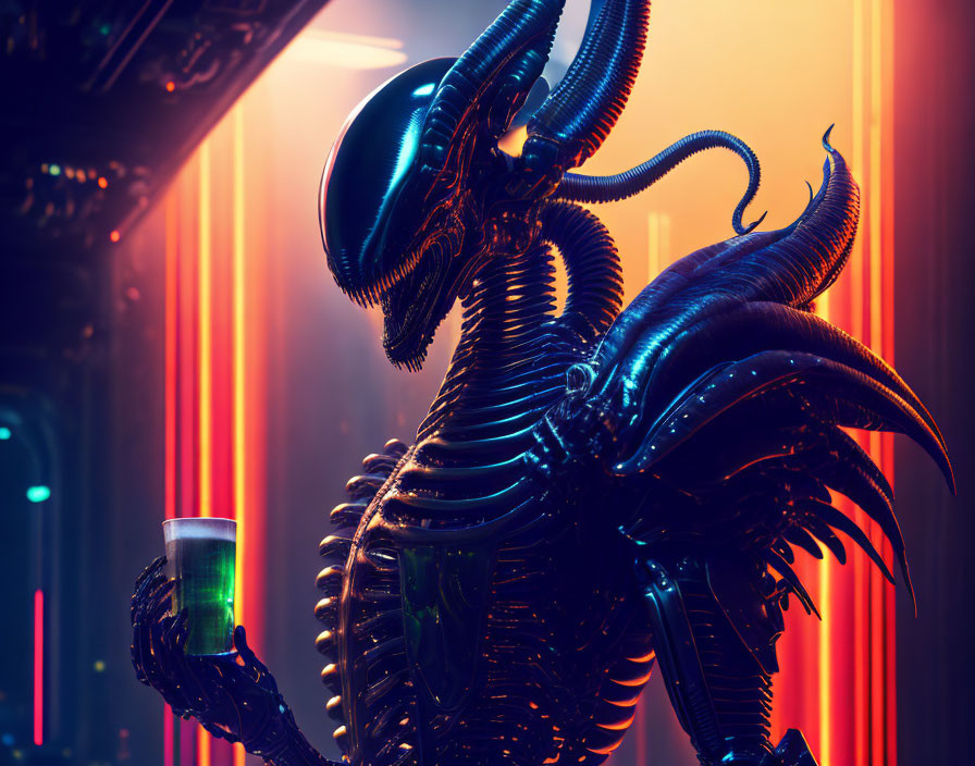 Xenomorph with green glowing cylinder in neon-lit corridor