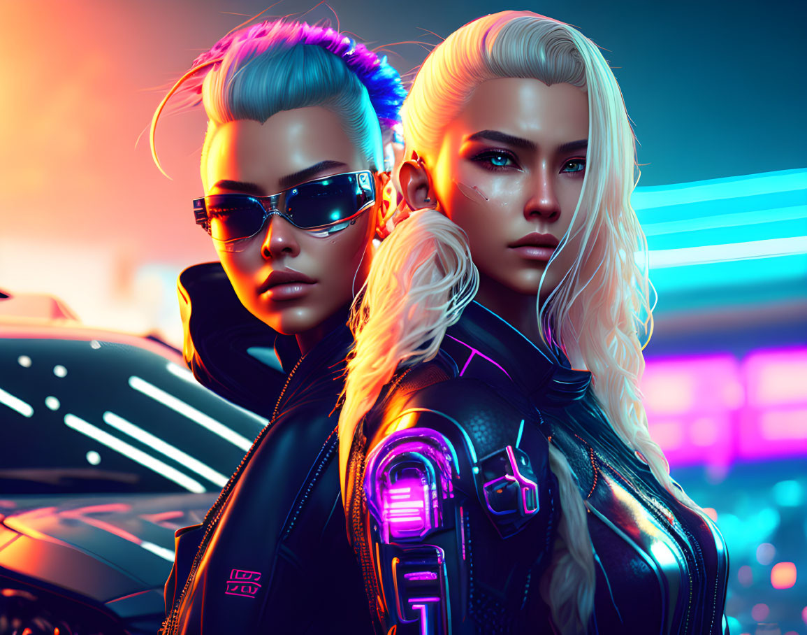 Stylized women in futuristic attire with neon lighting, leaning against sleek car