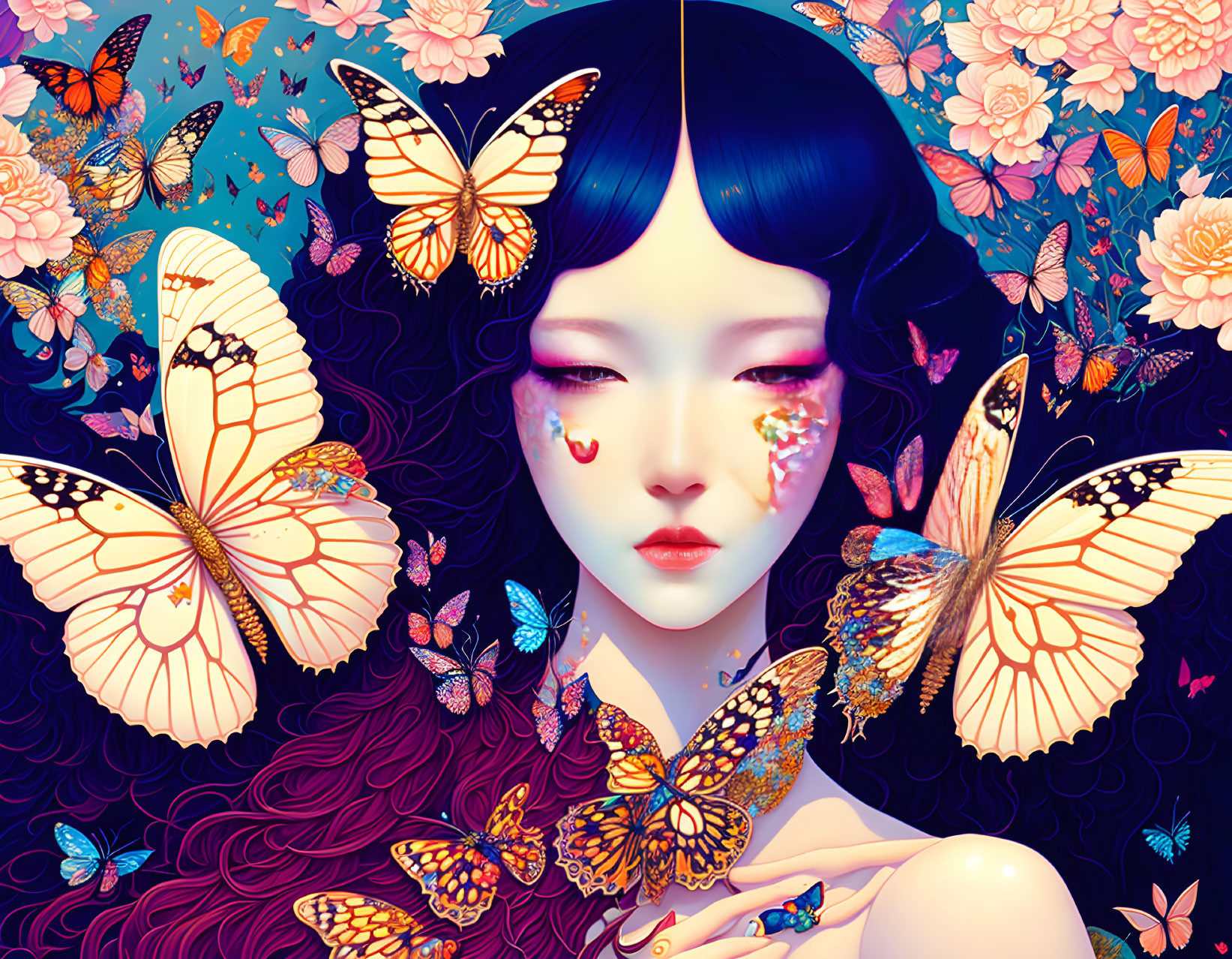 Dark-Haired Person Surrounded by Colorful Butterflies and Florals