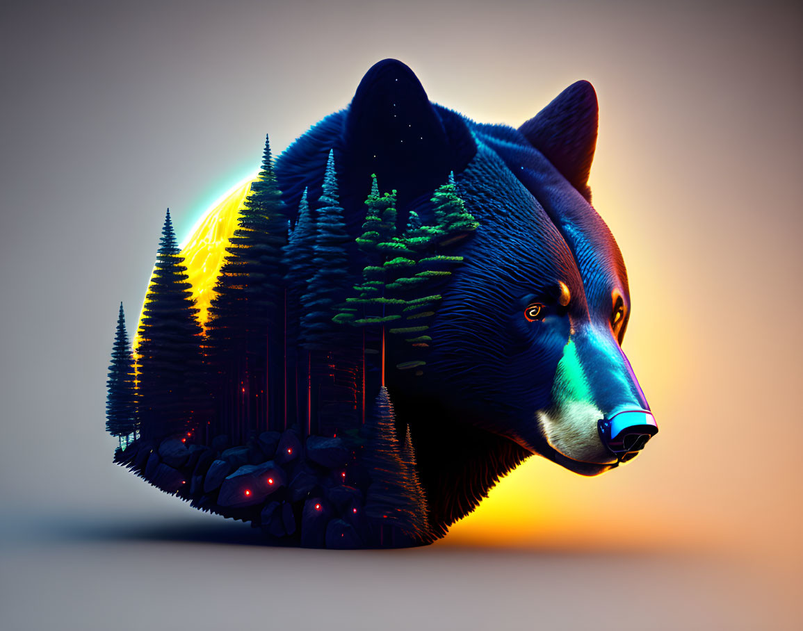 Digital artwork: Bear head with forest and mountain landscape at sunrise/sunset