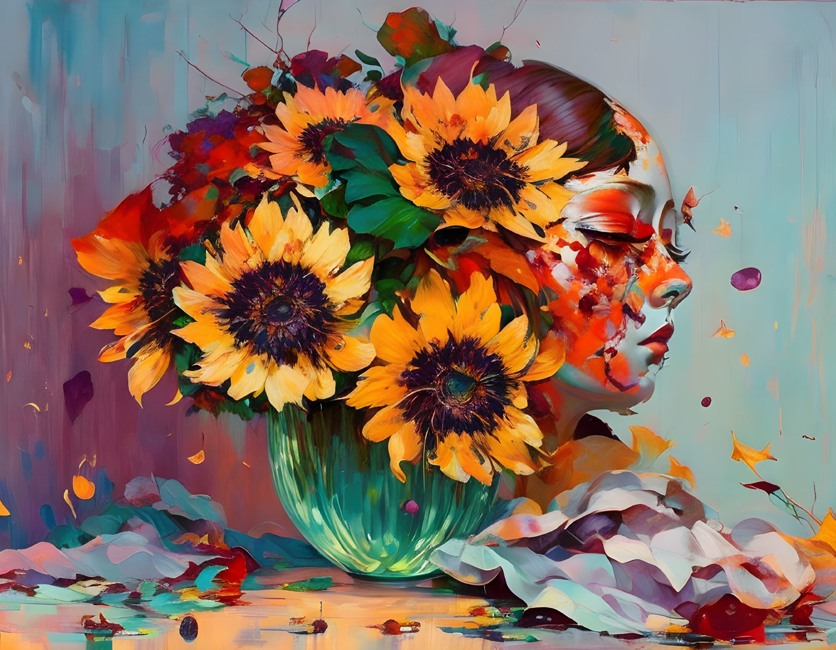 Colorful painting of woman's face with sunflower bouquet in teal vase