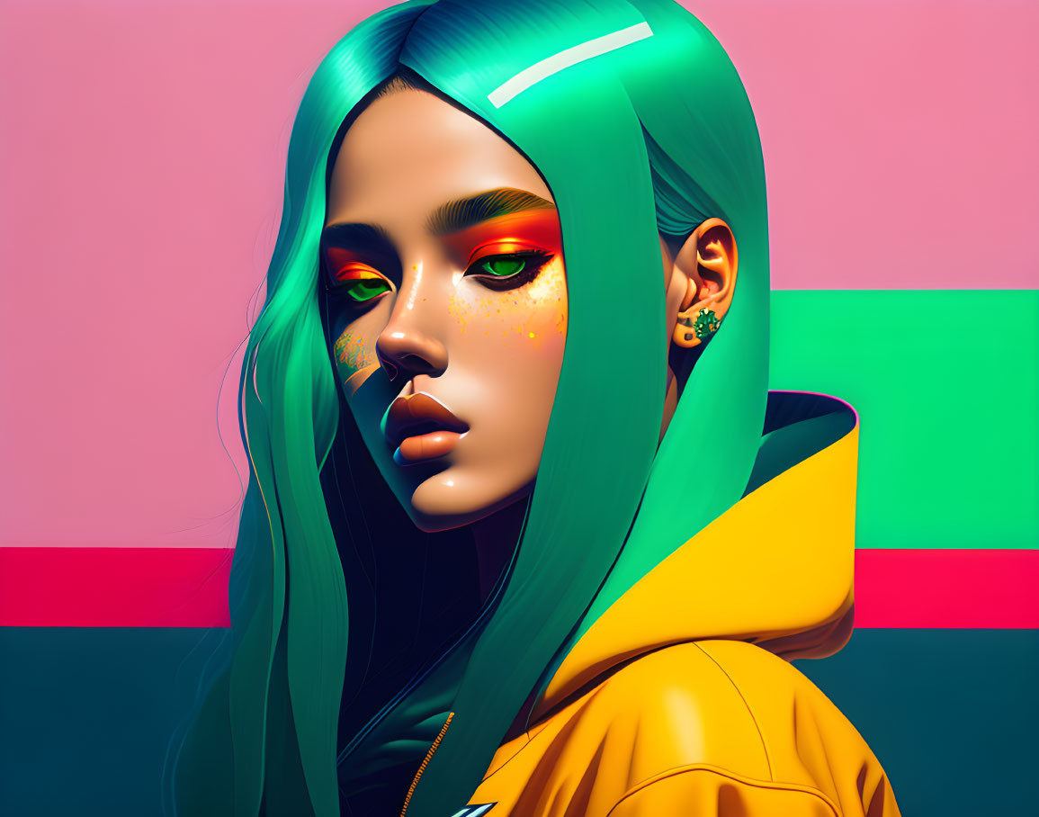 Vibrant green hair, colorful makeup, yellow hoodie on pink and teal backdrop