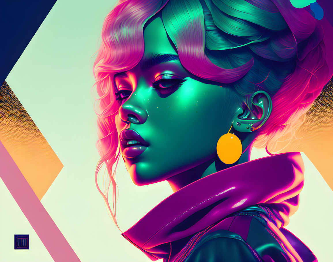 Colorful digital artwork: Woman with green skin, pink-purple hair, and futuristic neon aesthetic